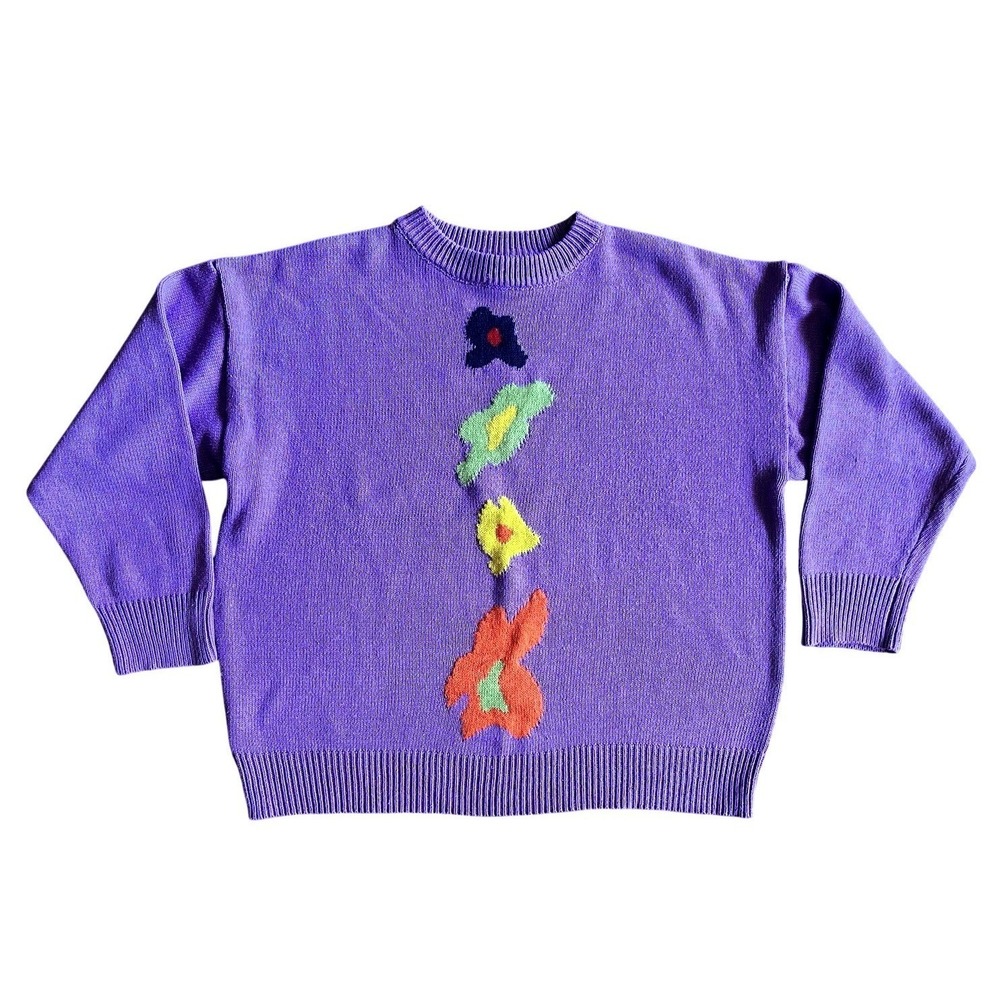 Mary Lou Sweater Womens Medium Purple Colorful Floral Knit Pullover Crewneck